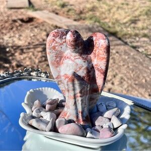 Brecciated Jasper Angel 4.5” Botswana Agate & Howlite Tumbles, Vintage Porcelain